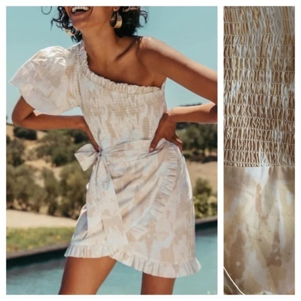 Cleobella Anthropologie Beige Tan Pia Watercolor One Shoulder Smocked Mini Dress